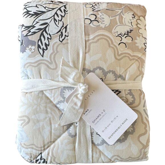 Pottery Barn Celeste Damask Cotton Percale Sham King Set of 2 Neutral Floral NEW - Picture 1 of 7